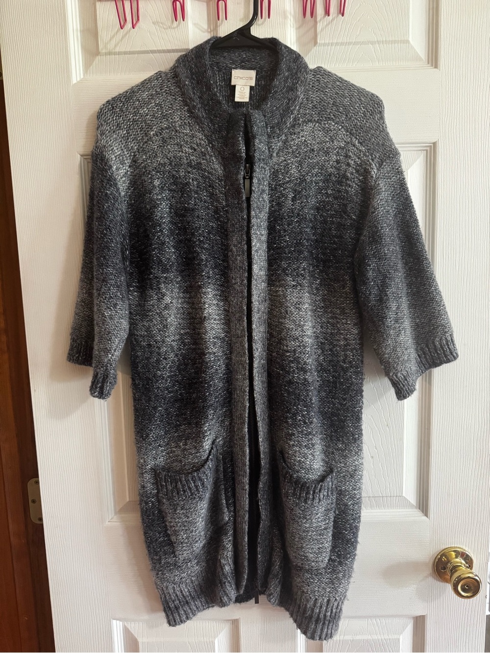 Chico's Ombre Gray Zip-Front Long Cardigan